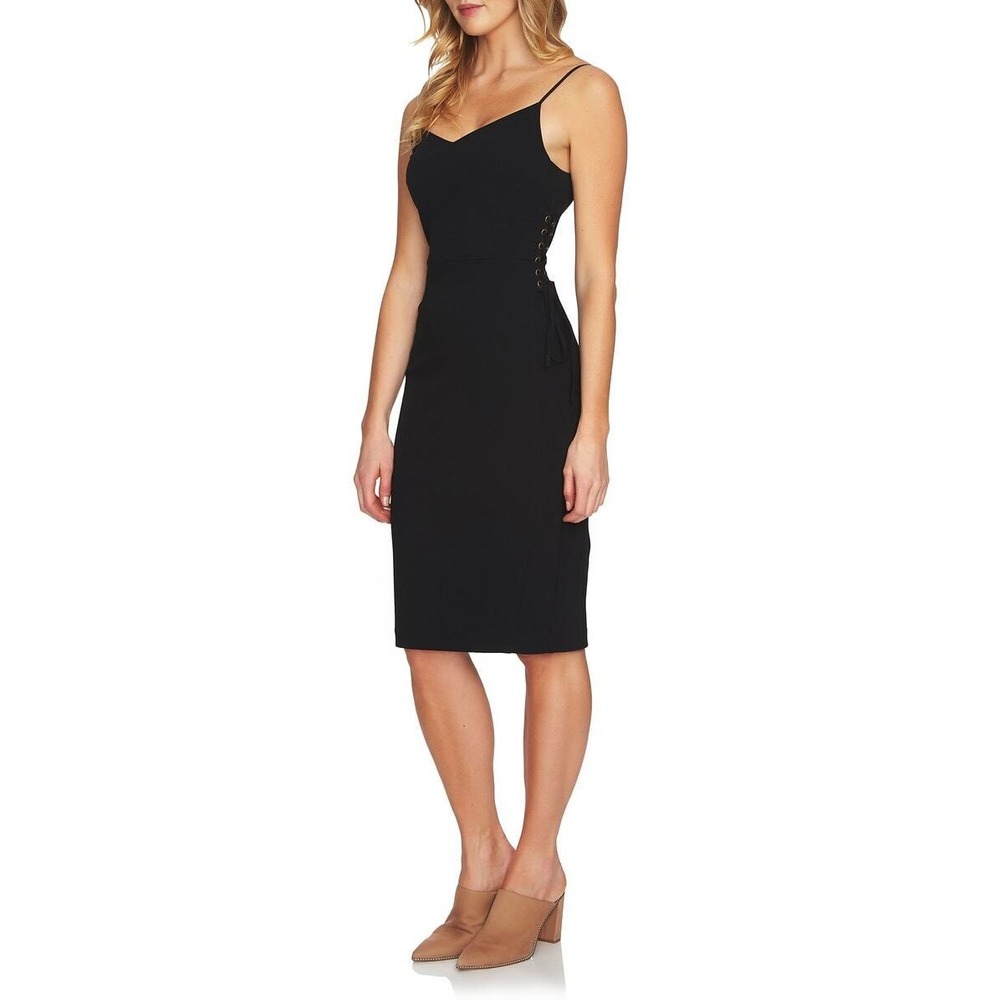 1.STATE Black Lace Up Side Midi Sheath Dress V-Neck Cocktail Party Size‎ 0 s1